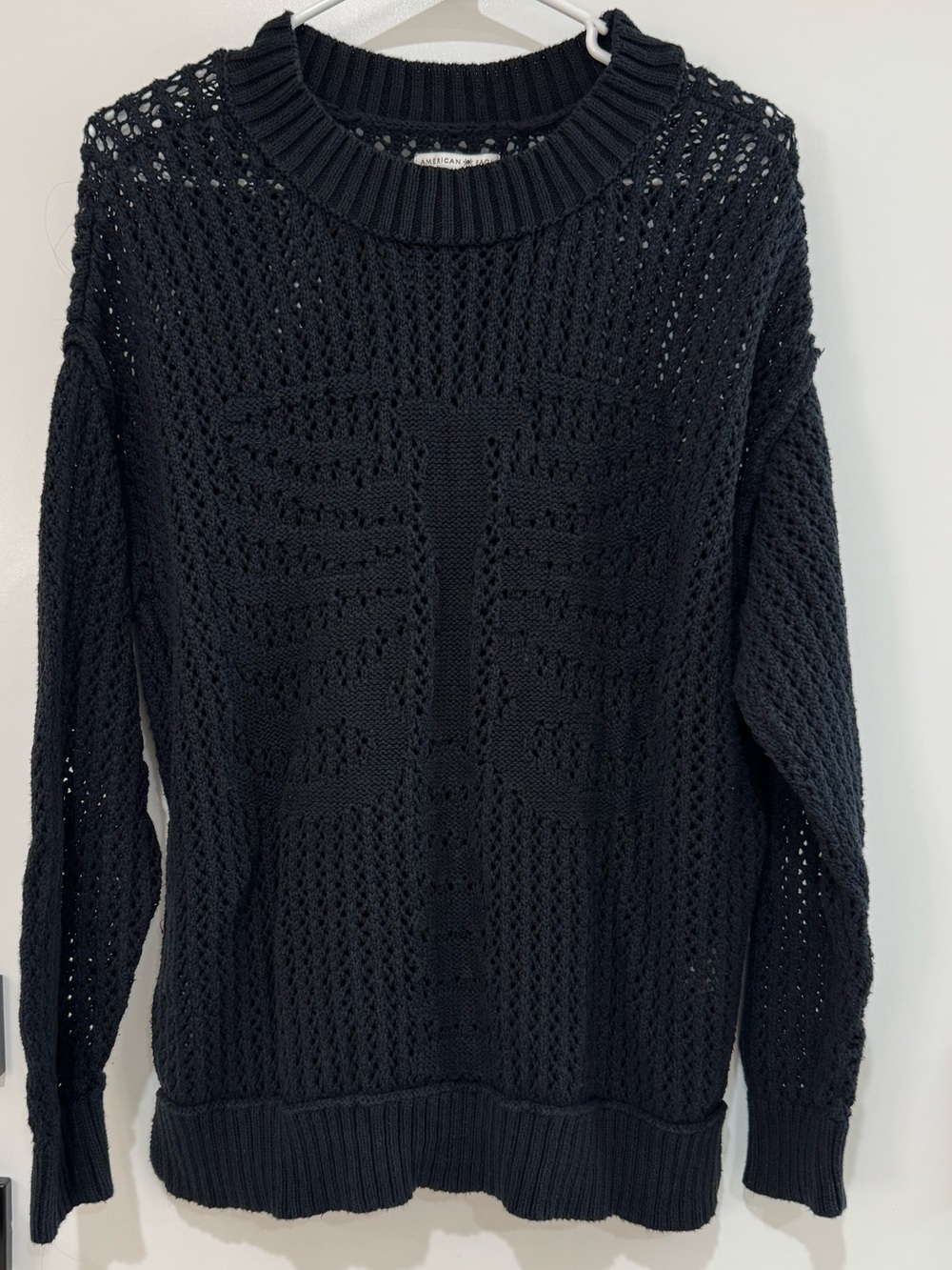 American Eagle Outfitters Black Open-Knit Crewneck Sweater